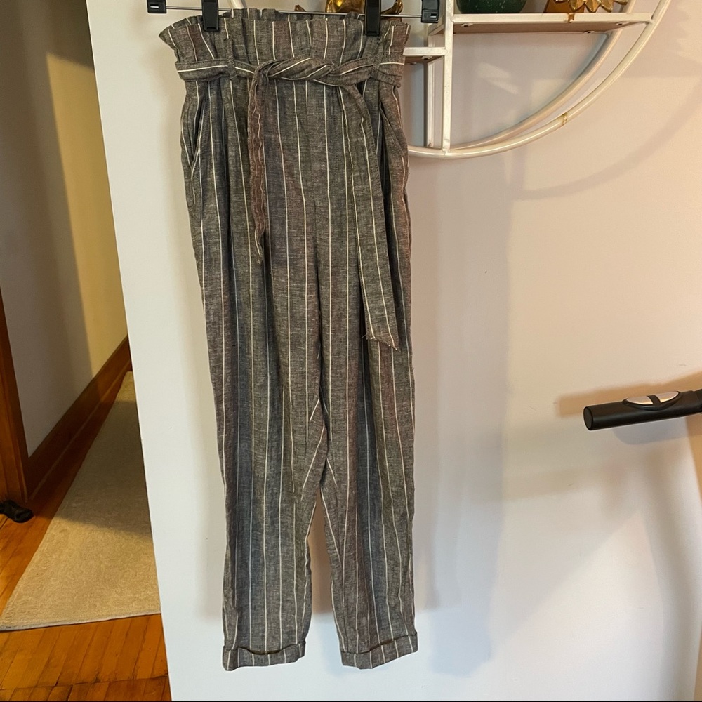 Bershka Women's Small S Striped Linen Blend Belted Pants